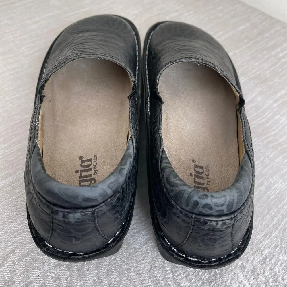 Alegria Women Black Floral Embossed Leather Slip On Comfort Shoes Size 41